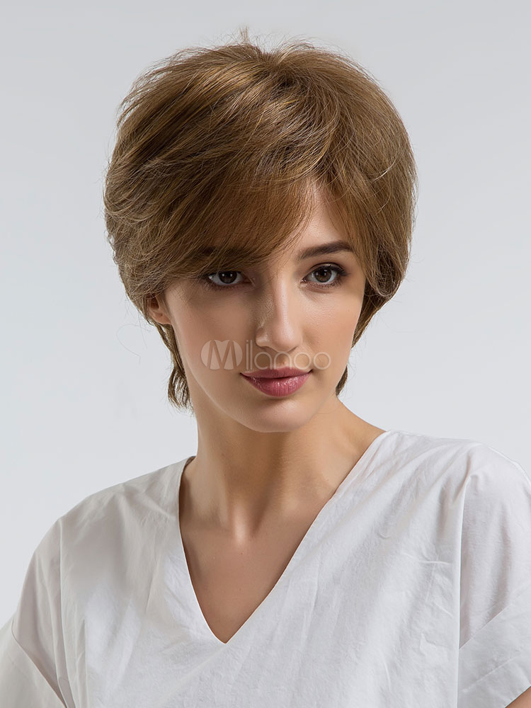 Women Hair Wigs Dark Brown Short Synthetic Wigs With Side Bangs