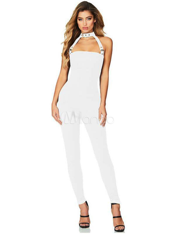 Women Sexy Jumpsuit Crewneck Buckle Shaping Skinny Jumpsuit