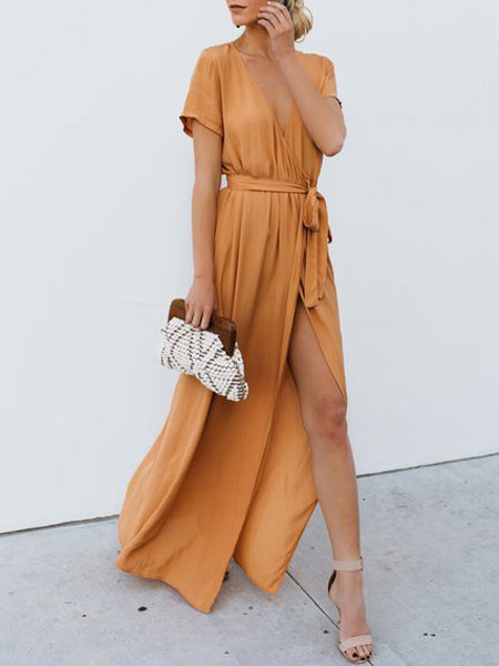 maxi wrap dress with short sleeves