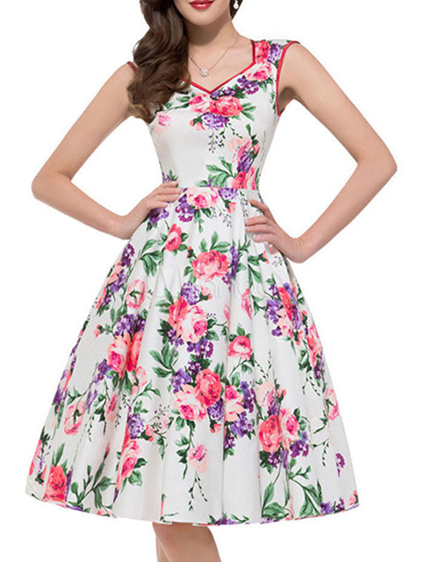 Floral Vintage Dress Sleeveless Retro Midi Dress For Women