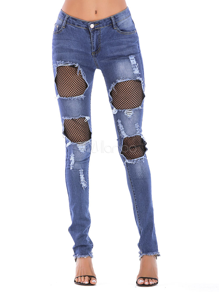 Jeans strappati da donna Jeans aderenti blu scuro - Milanoo.com