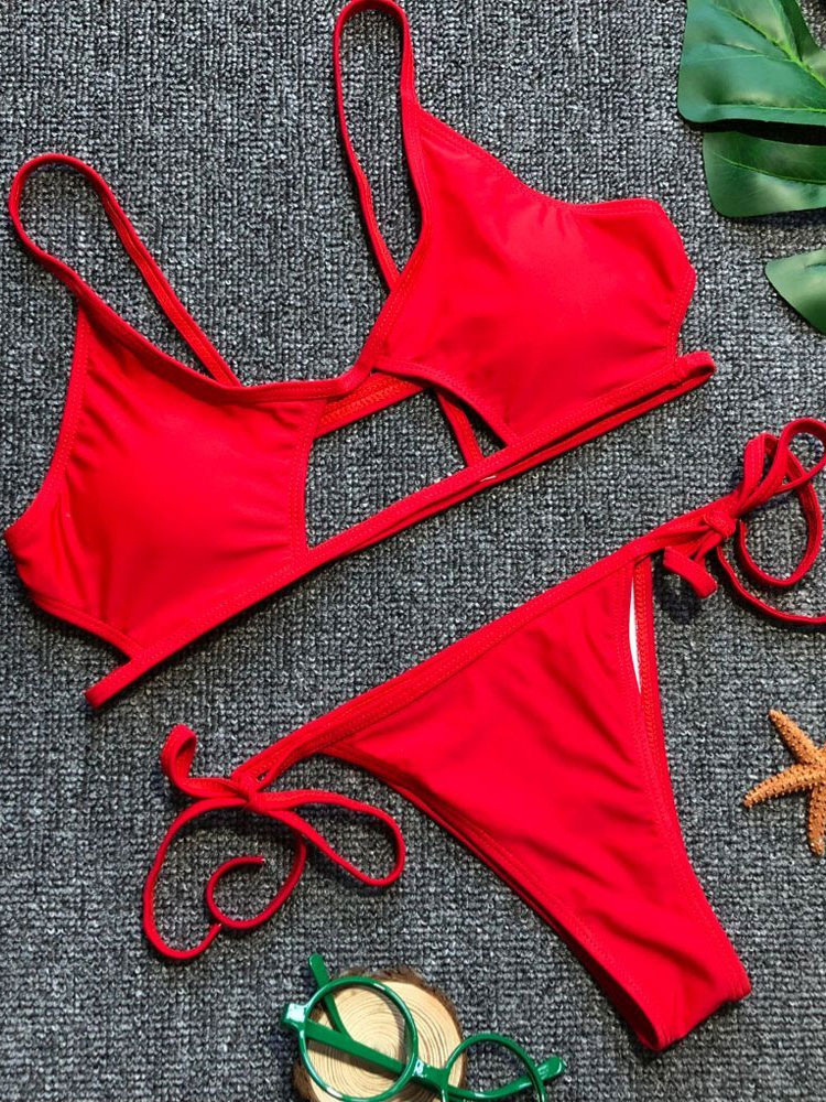 Sexy Bikini Swimwear Cut Out Solid Color Removable Cups String Bikini