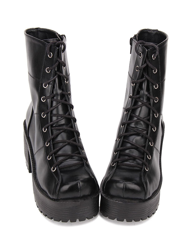 Costumes Lolita | Gothic Lolita Boots Lace Up Grommet Platform Chunky High Heel Black Shoes - BM30298