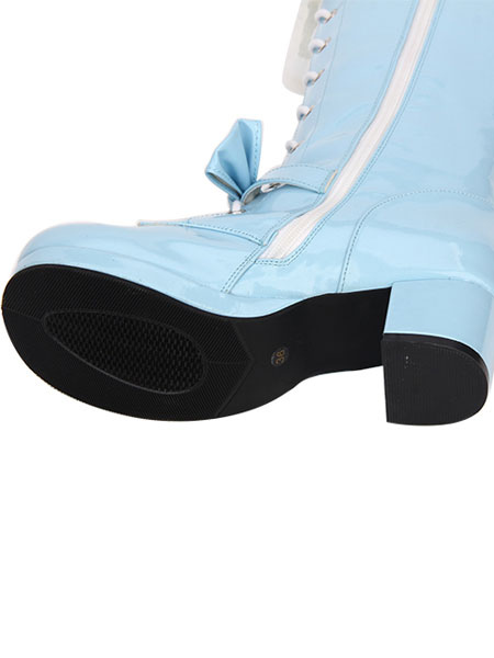 Costumes Lolita | Sweet Lolita Boots Faux Fur Lace Up Bow Chunky Heel Blue Lolita Thigh High Boots - GJ40884