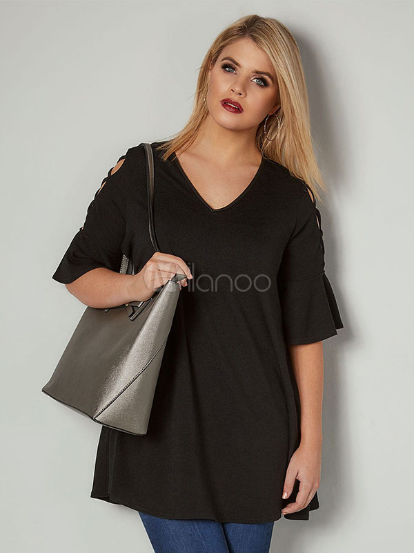 T-Shirt Femme Col V Grande Taille - Polyester Élastique Haut Été