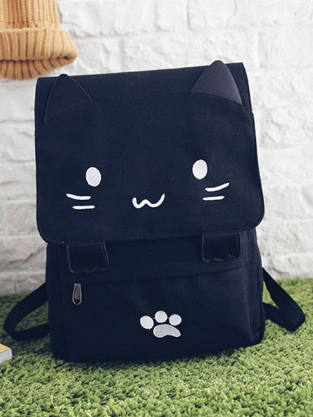 Lolitashow Casual Lolita Backpack Cute Cat Black Canvas Bag