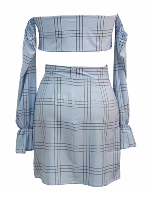 Sexy Two Piece Set Off The Shoulder Long Sleeve Blue Checkered Crop Top With Mini Skirt 2746