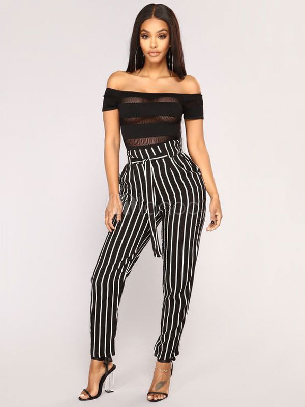 Paper Bag Pants Women Striped High Waist Cropped Trousers - Milanoo.com