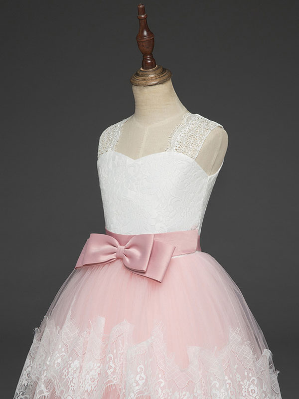 Flower Girl Dresses Soft Pink Kids Formal Dress Lace Bows A Line Girls ...