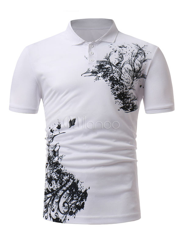 White Gold Shirt Print Cuban Collar Slim Fit Short Sleeve Golf Shirt