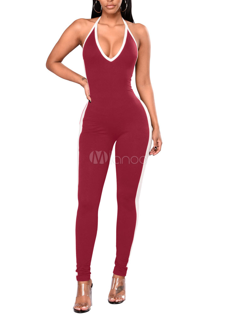 Women Sexy Jumpsuit Halter Striped Backless Skinny Jumpsuit