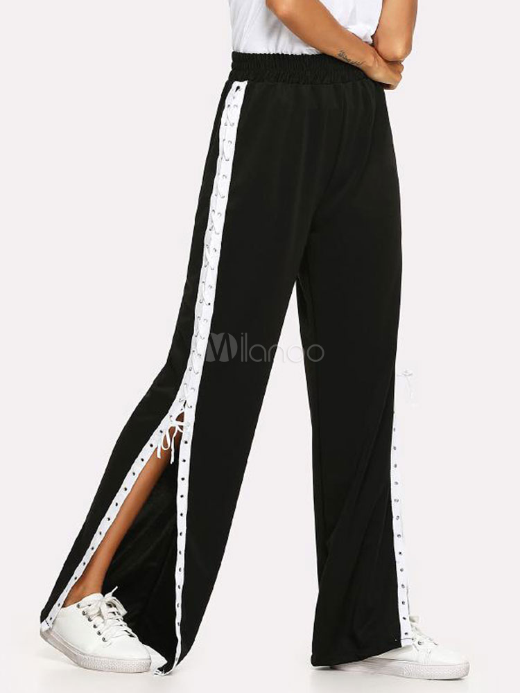 Pantalones Negros De Mujer Con Cordones Pantalones Anchos De