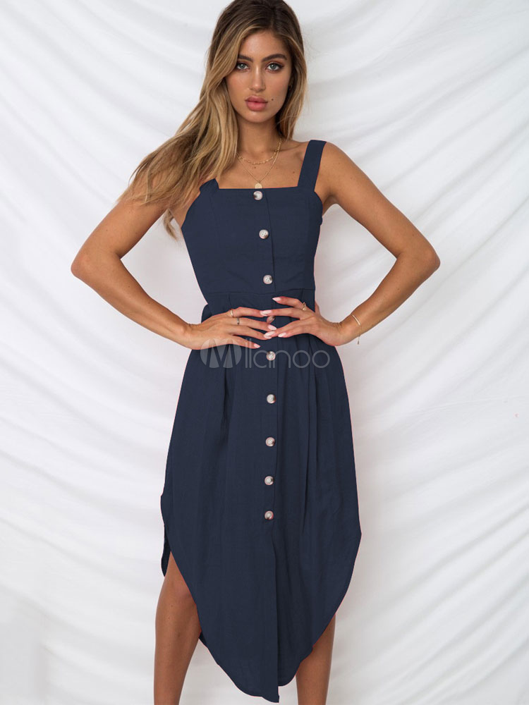 Summer Dresses 2018 Straps Solid Color Button Down Maxi Dress