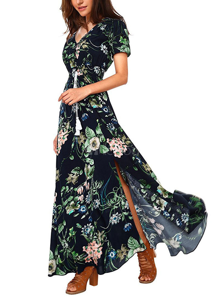 Button Down Maxi Dress Floral Chiffon V Neck Short Sleeve Summer Dress ...