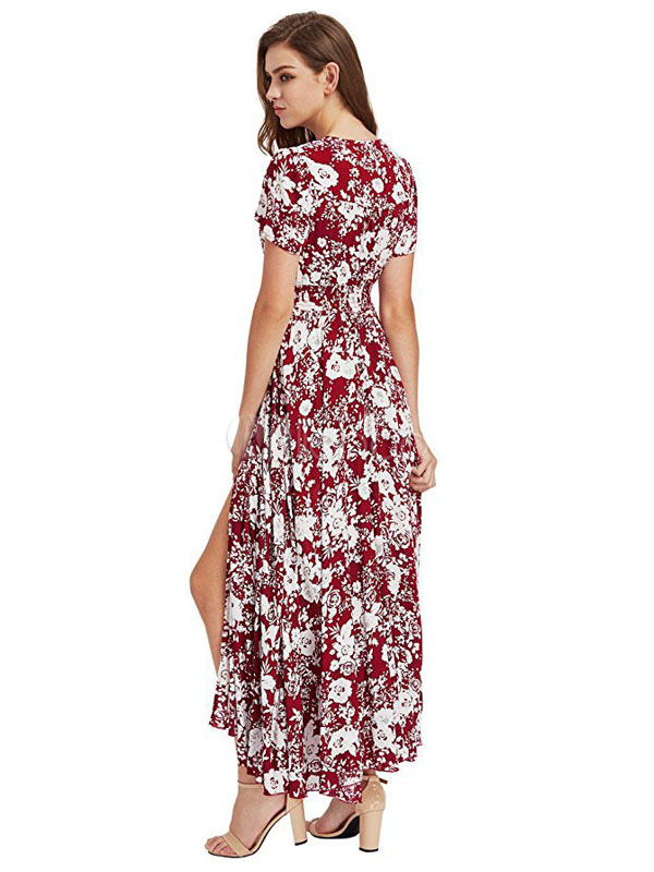 Button Down Maxi Dress Floral Chiffon V Neck Short Sleeve Summer Dress ...