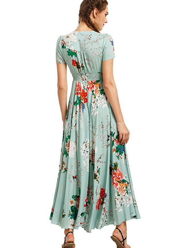 Button Down Maxi Dress Floral Chiffon V Neck Short Sleeve Summer Dress ...