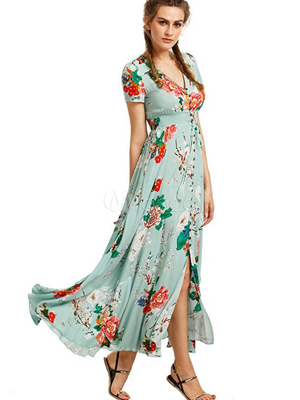 Button Down Maxi Dress Floral Chiffon V Neck Short Sleeve Summer Dress For Women Milanoo Com