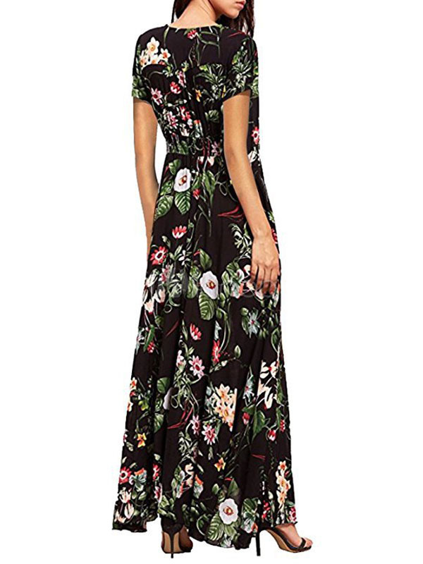 Button Down Maxi Dress Floral Chiffon V Neck Short Sleeve Summer Dress ...