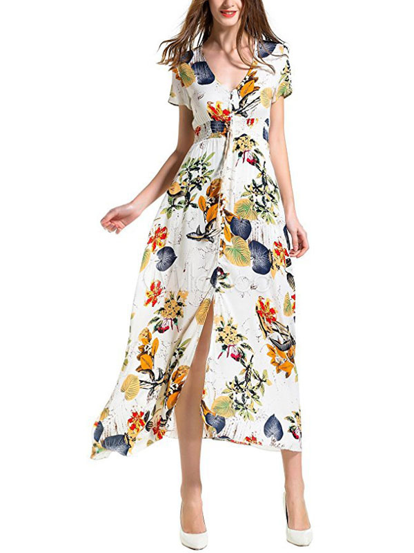 Button Down Maxi Dress Floral Chiffon V Neck Short Sleeve Summer Dress ...