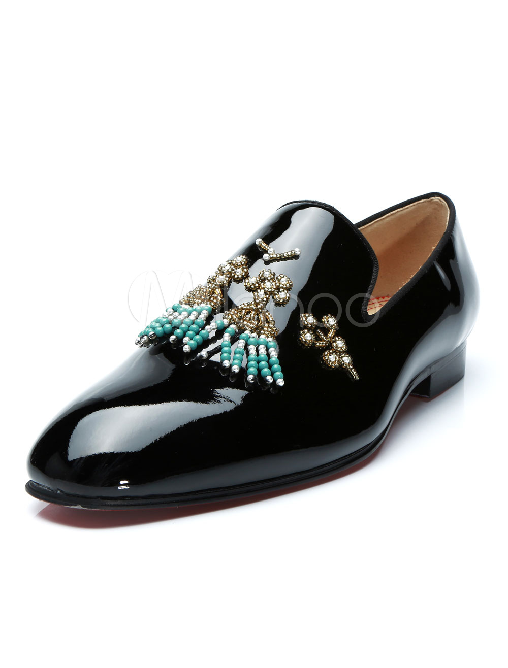 Black Dress Shoes Men Round Toe Beaded 