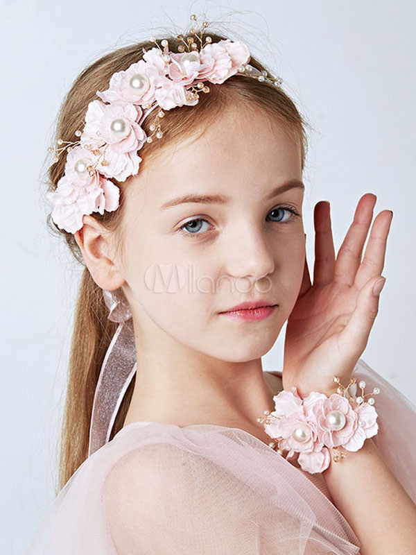 Pink Flower Girl Headpieces Floral Pearls Beading Ribbon Headband And