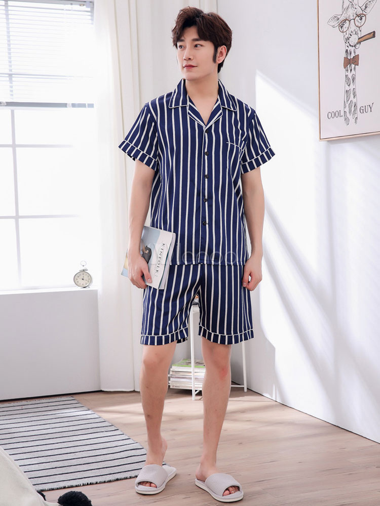 2 Pieces Мужчины Homewear Silk Summer Lounge Wear Stripe Summer Pajama Set  - Milanoo.com/ru