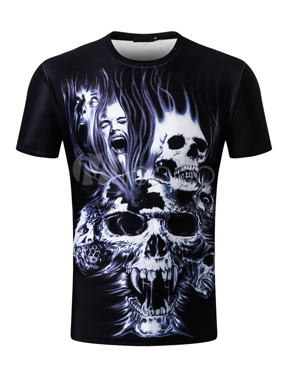 Men T Shirt Black Skull Print Regular Fit Short Sleeve T Shirt Punk ...