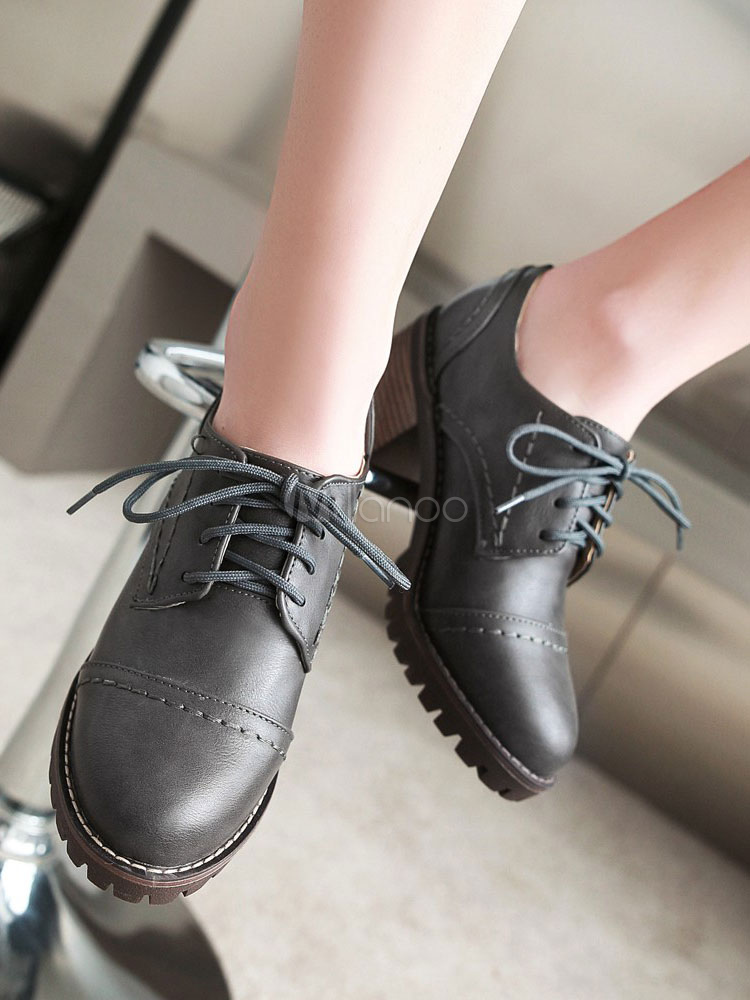Black Oxford Shoes Women Round Toe Chunky Heel Lace Up Shoes Casual ...