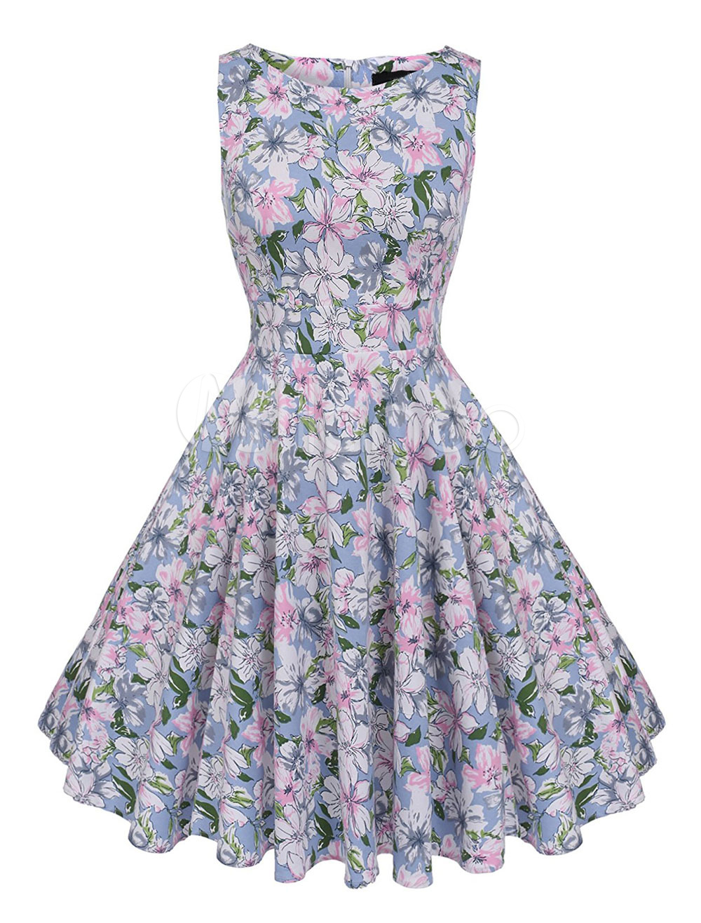 Floral Vintage Dress 1950s Swing Dress Sleeveless Jewel Neck Blue ...