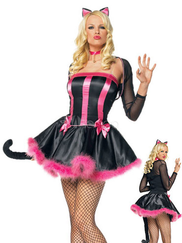 Sexy Costume Catwomen Halloween Black Striped Short Dresses.
