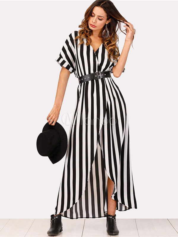 Black Maxi Dress Striped V Neck Short Sleeve High Low Chiffon Summer ...