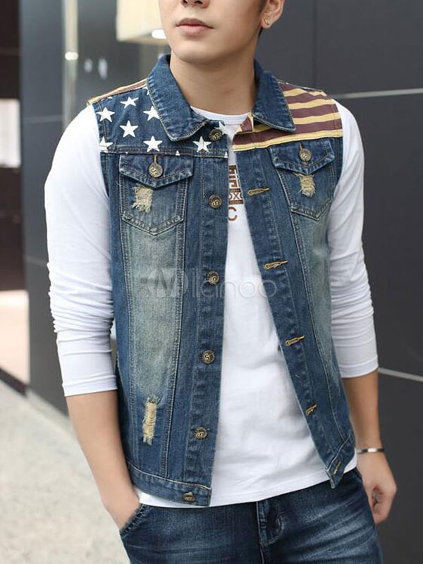 Giubbotto di jeans blu smanicato - Milanoo.com