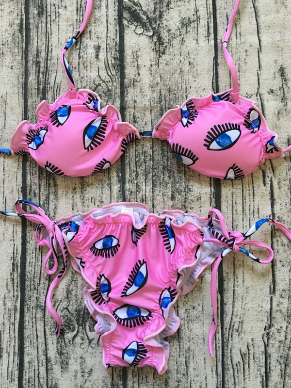 Sexy Bikini Swimsuit Evil Eye Halter Pink Printed String Bikini 