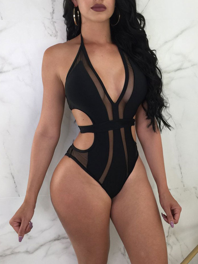 Women's Clothing Swimsuits & Cover-Ups | One Piece Swimsuit Halter Semi Sheer Sexy Bathing Suit For Women - WW39176
