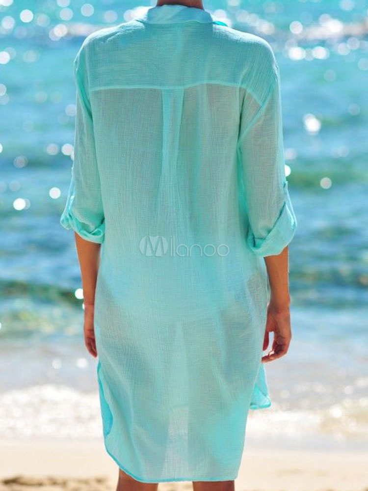 Cover Up Shirt Long Sleeve Turndown Collar Pockets Linen Beach Dress ...
