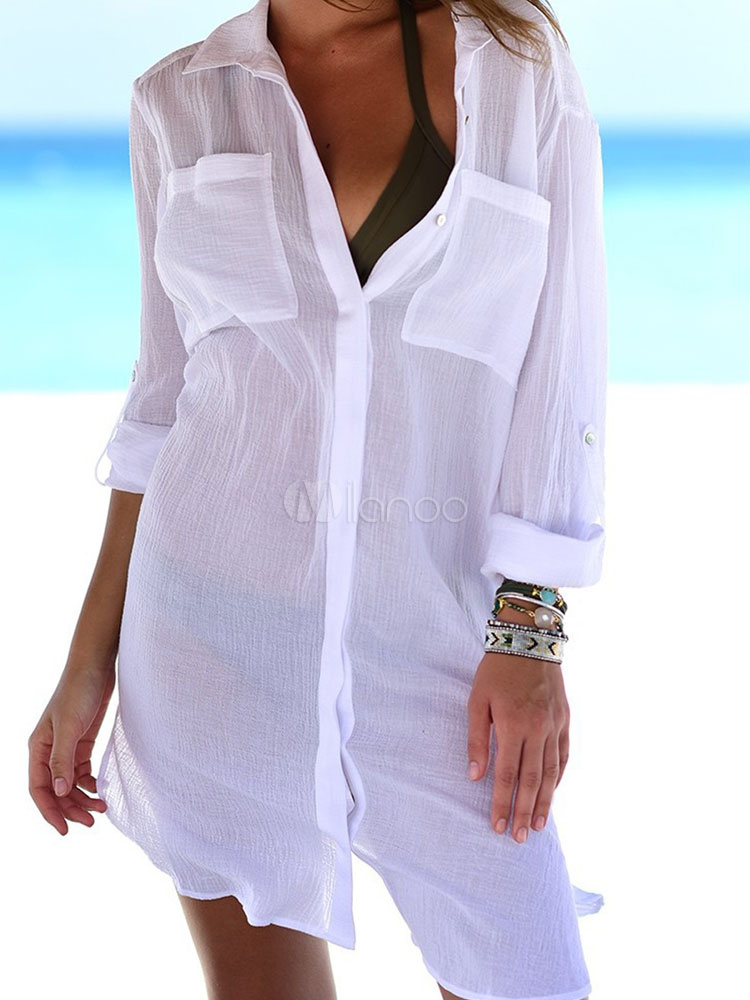 Cover Up Shirt Long Sleeve Turndown Collar Pockets Linen Beach Dress ...