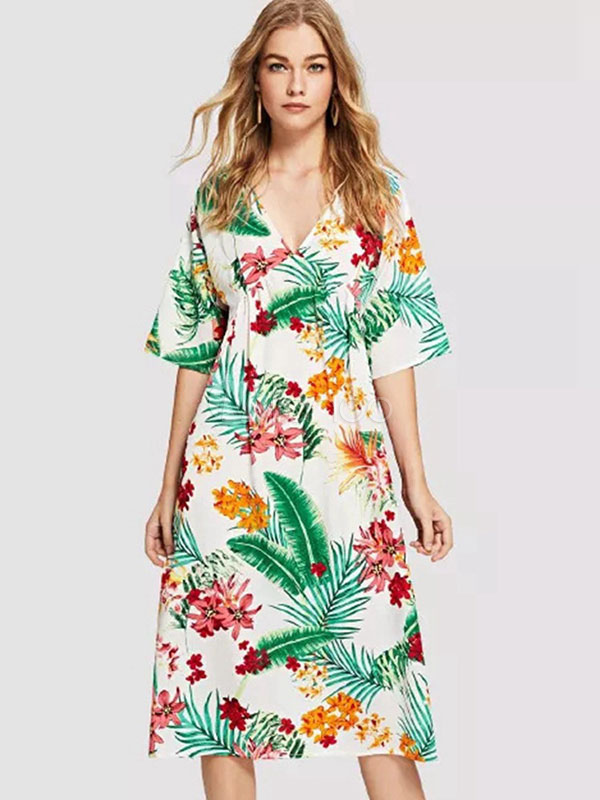 Abiti estivi 2022 Abito estivo con scollo a V a mezza manica con stampa  verde a foglie verdi - Milanoo.com