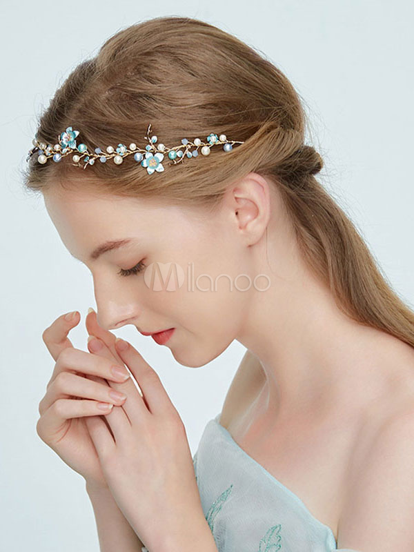 Bridal Headband Pearls Flowers Beaded Headpieces Wedding Blue Hair