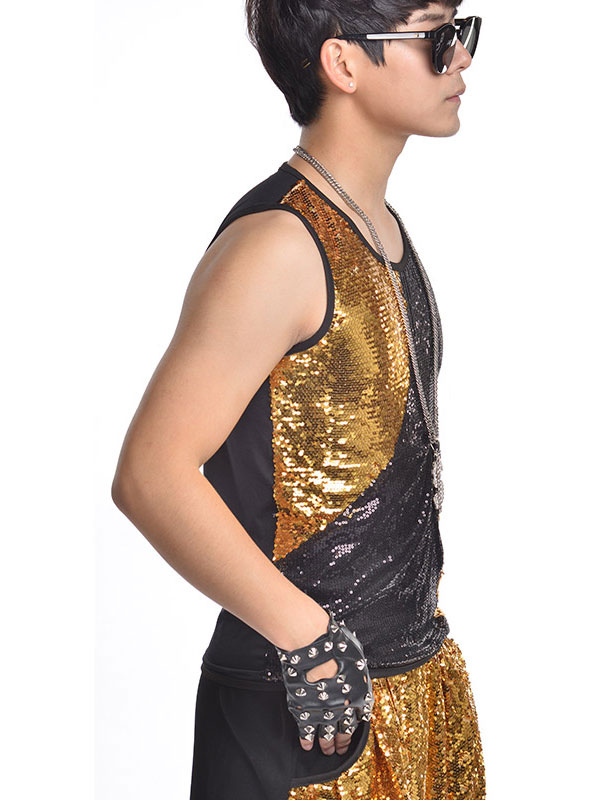 Jazz Dance Costume Vest Men Sequin Glitter Black Gold ...
