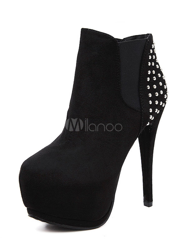 Negro Botas Bajas Mujer 2022 con Plataforma con Mostacillas Tacón de Aguja Botas  Bajas - Milanoo.com