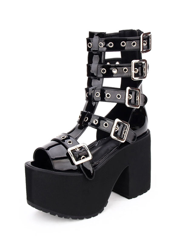 Gothic Lolita Sandal Boots Grommet Metallic Buckle Platform Black ...