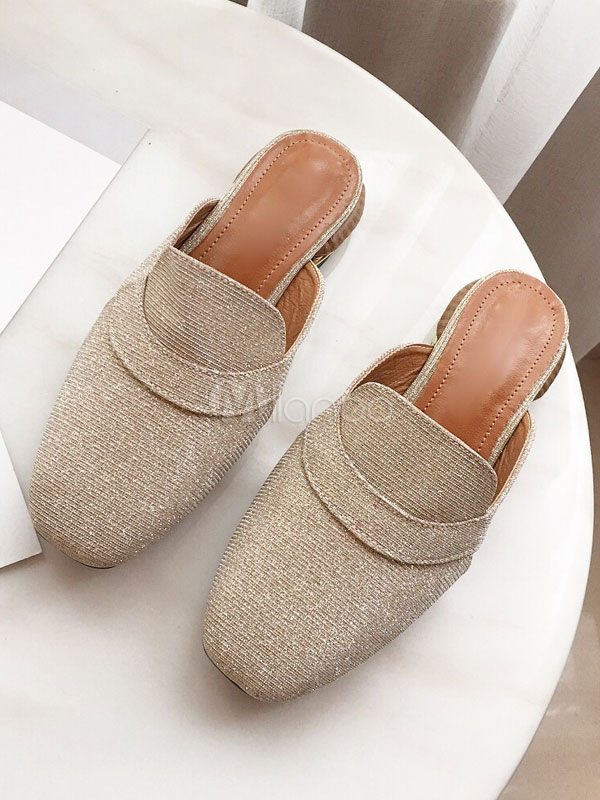 Gold Mule Loafers Glitter Square Toe Backless Mule Shoes For Women ...