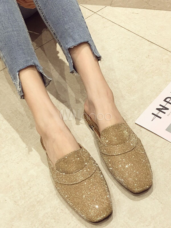 Gold Mule Loafers Glitter Square Toe Backless Mule Shoes For Women ...