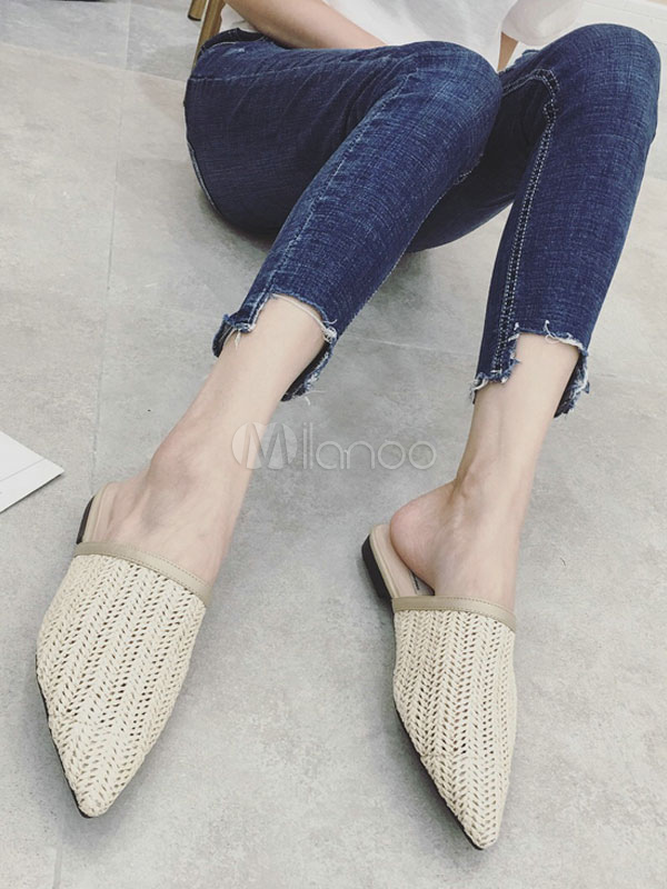 Women Mule Shoes Rattan Pointed Toe 