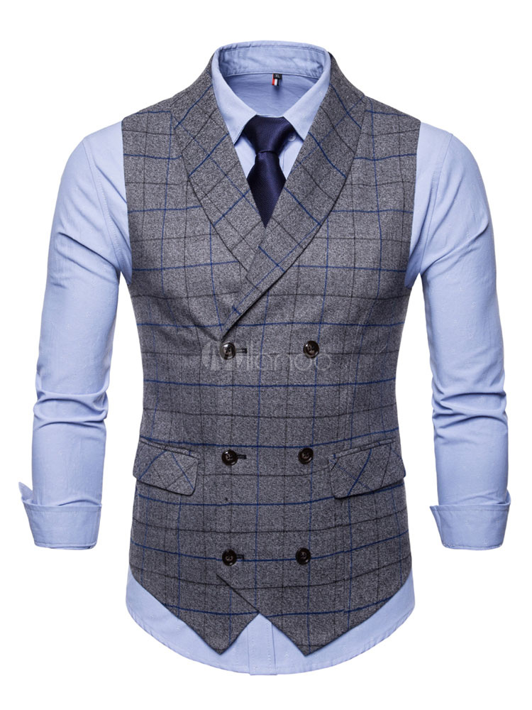 Men Waist Coat Plus Size Double Breasted Tuxedo Navy Blue Plaid Suit ...