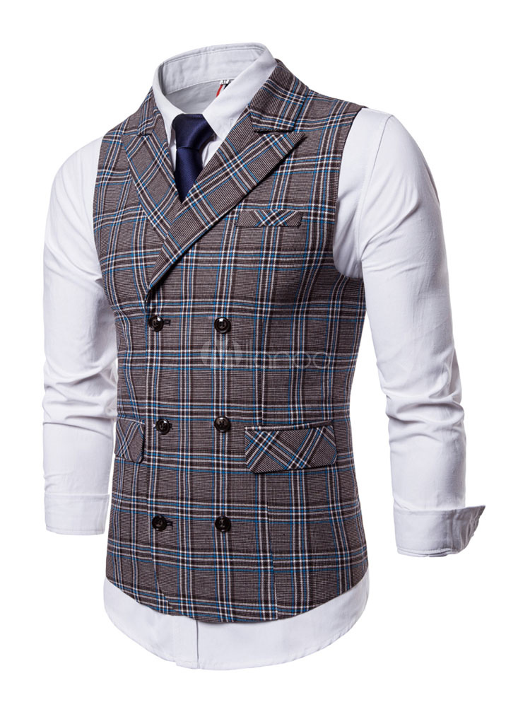 Hommes Costume Gilet Double Croisé Pointu Revers Tuxedo Plus Taille Plaid Coton Taille Manteau