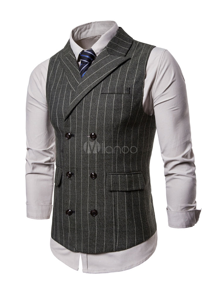 Men Waist Coat Stripe Tuxedo Double Breasted Peaked Lapel Pocket Suit ...