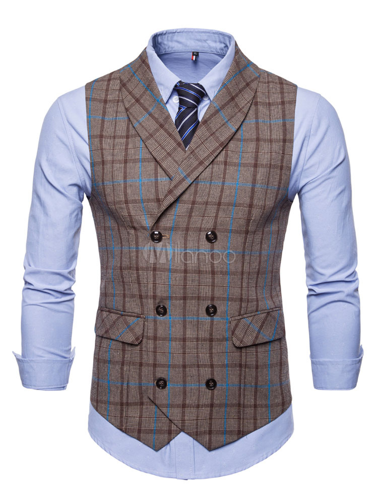 Men Suit Vest Plus Size Shawl Lapel Waist Coat Plaid Double Breasted ...
