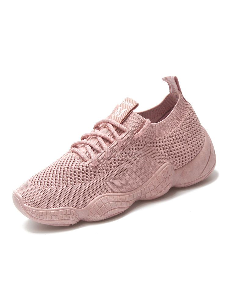 Pink Sneakers Women Knitting Wool Round Toe Lace Up Sport Shoes ...