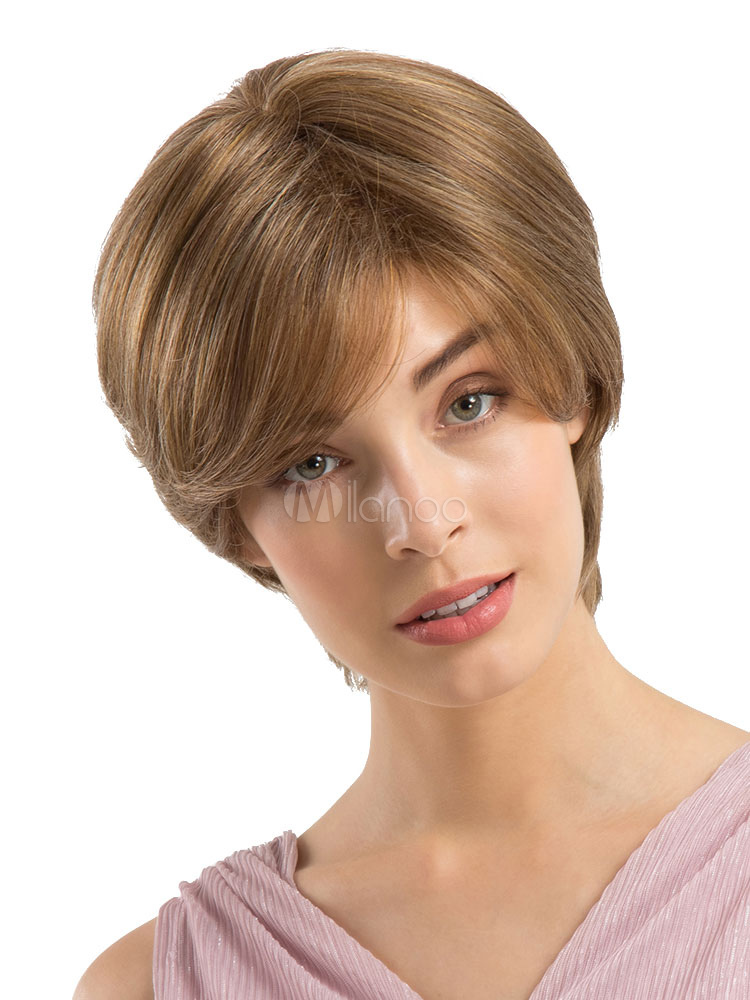 Human Hair Wigs Brown Layered Side Bangs Short Hair Wigs For Women